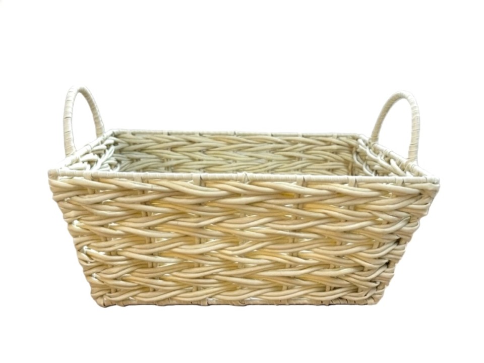Professional-grade Rectangular Beige Resin Basket with Herringbone Weaving and Handles